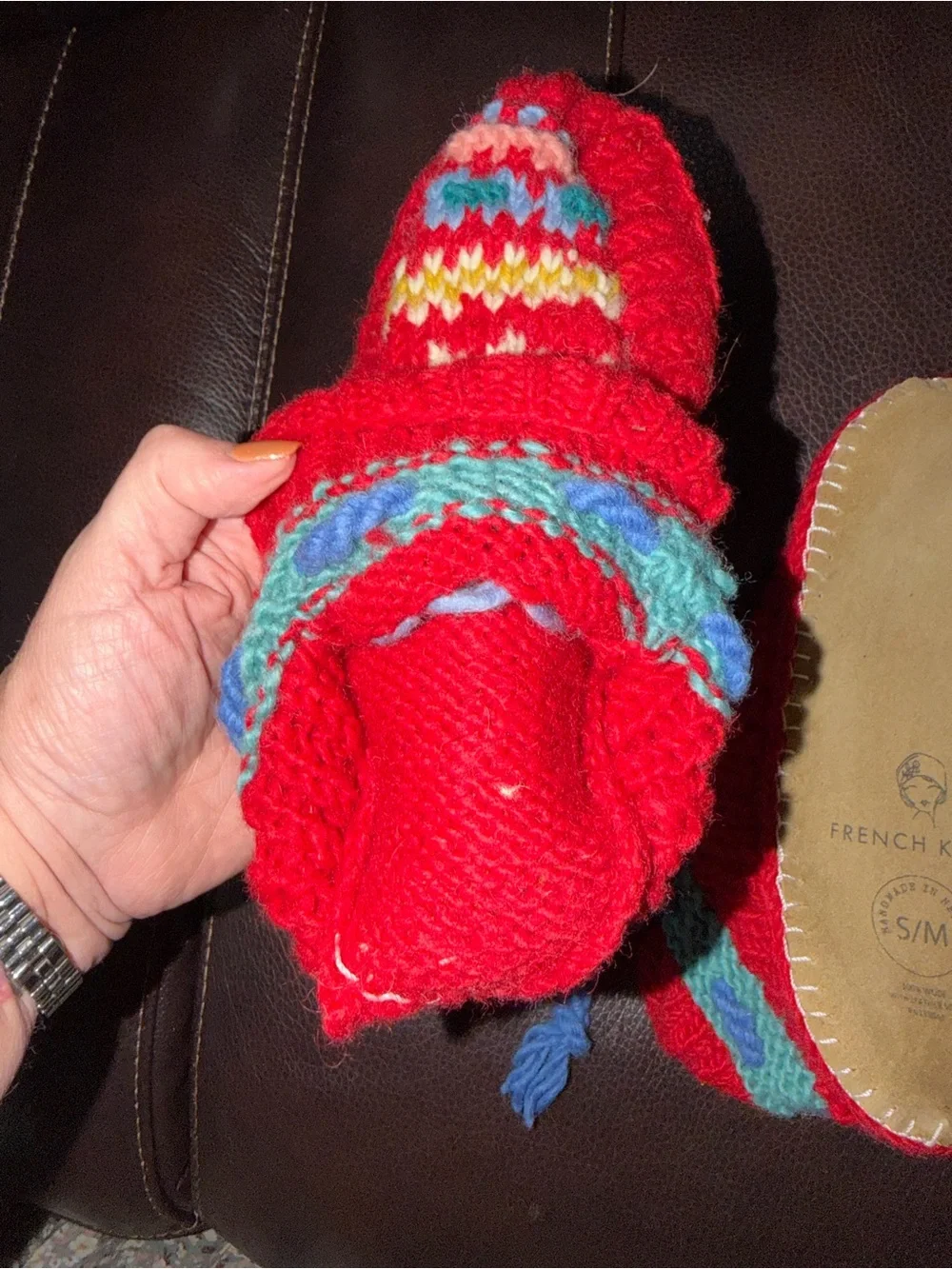 French Knot Handmade Wool Knit Slippers S/M Fair Isle Leather Sole